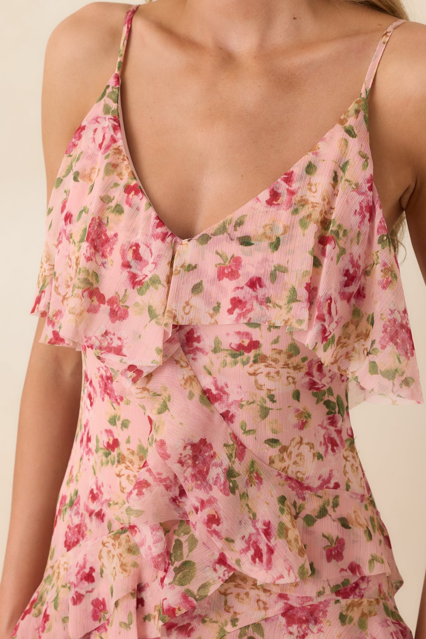 Women's Keep Me Twirling Blush Pink Multi Floral Ruffle Asymmetrical Maxi Dress | 100% Polyester 1