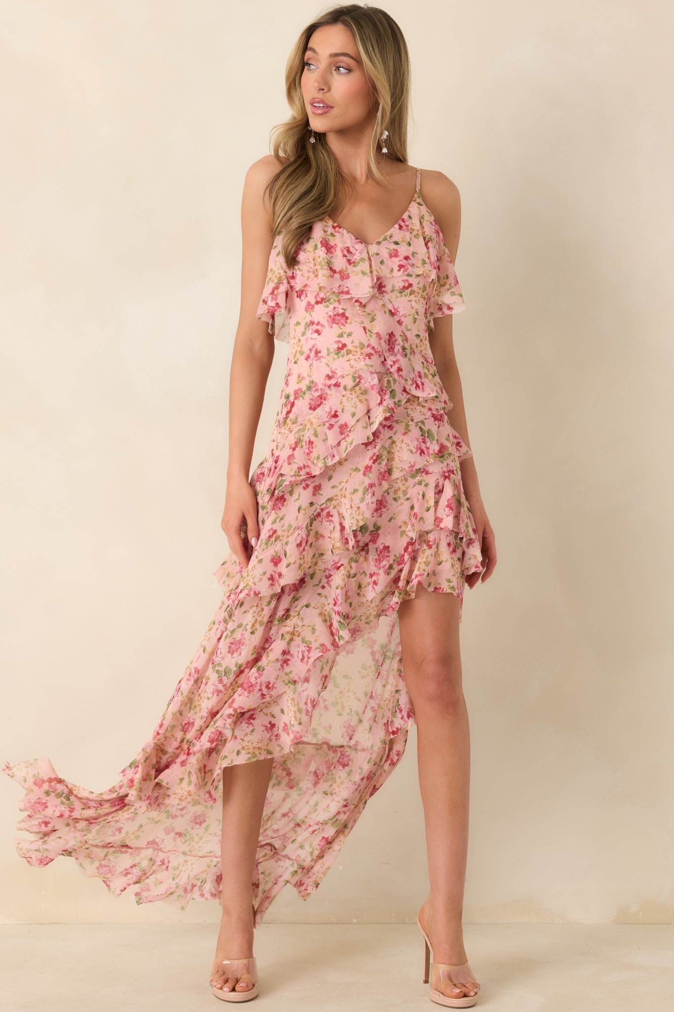 Women's Keep Me Twirling Blush Pink Multi Floral Ruffle Asymmetrical Maxi Dress | 100% Polyester 2