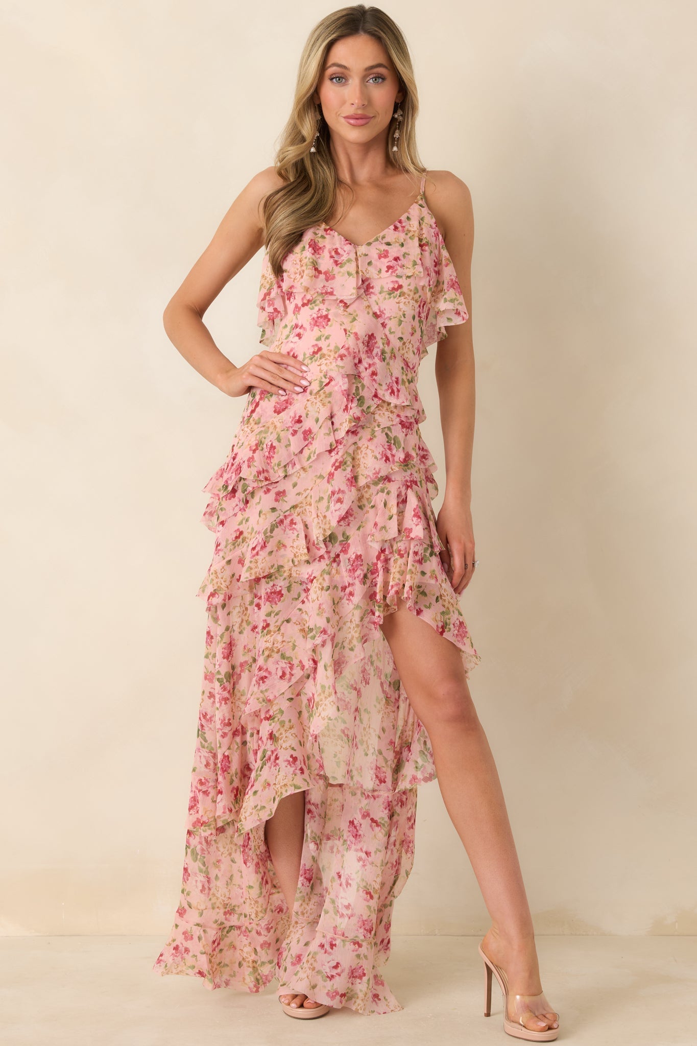 Women's Keep Me Twirling Blush Pink Multi Floral Ruffle Asymmetrical Maxi Dress | 100% Polyester 3