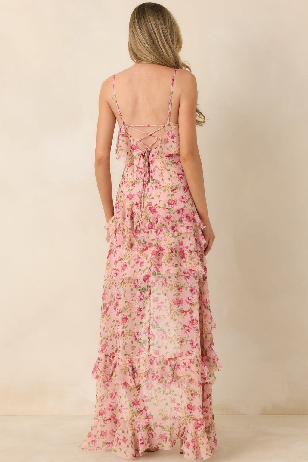 Women's Keep Me Twirling Blush Pink Multi Floral Ruffle Asymmetrical Maxi Dress | 100% Polyester 6