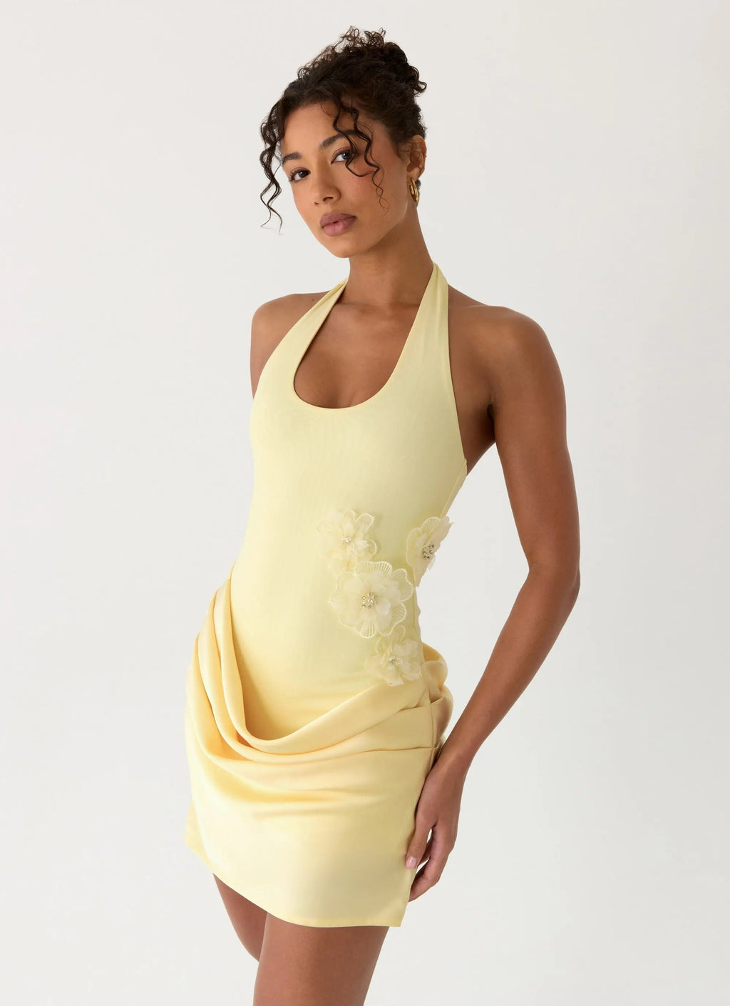 Women's Kimana Collection | Halter Mini Dress with Flower Appliqué | Flowy Satin Skirt for Effortless Elegance - Women's 6