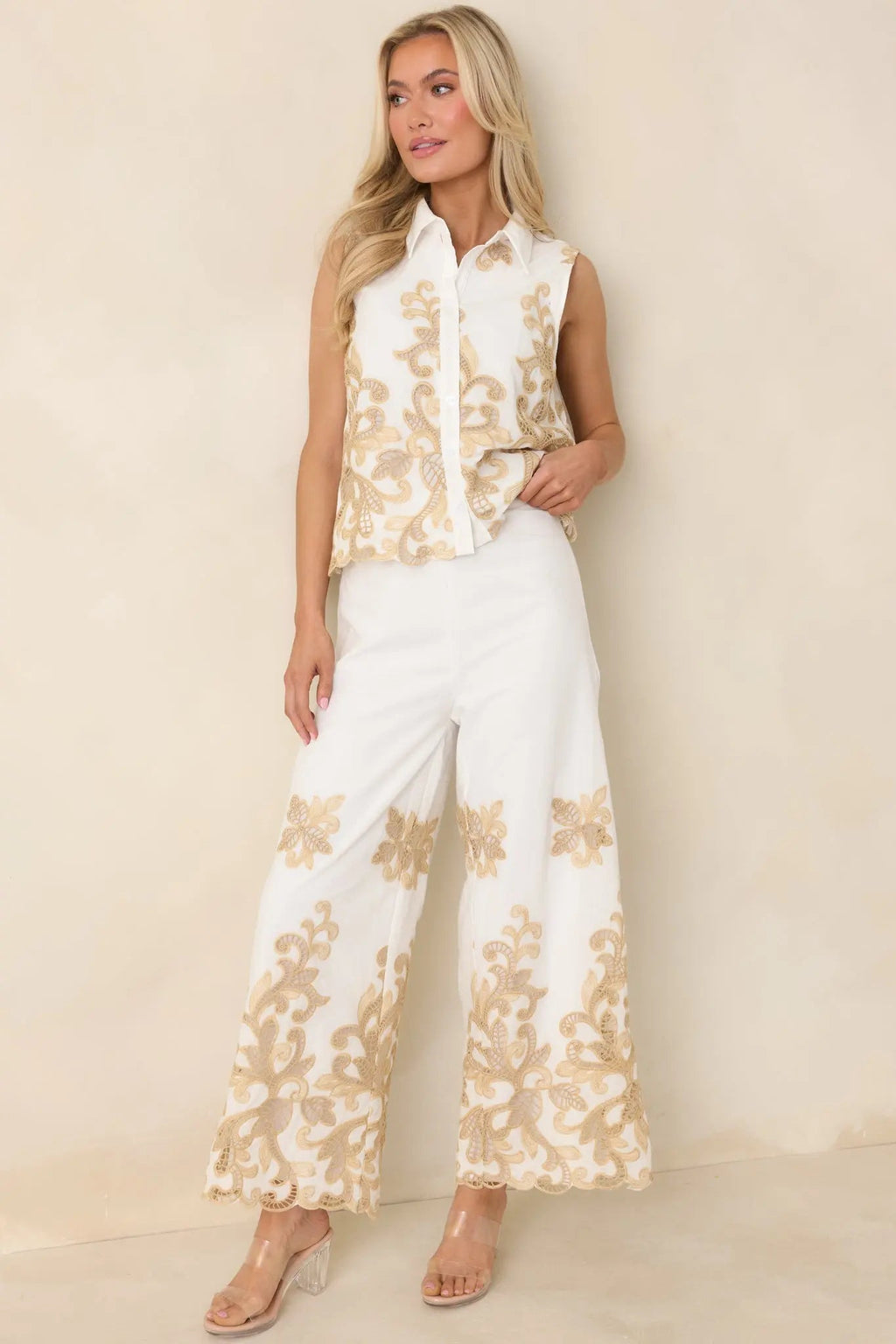 Women's Kiss Me in Champagne Ivory Cotton Lace Applique Sleeveless Top | 100% Cotton 0