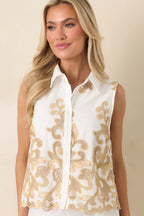 Women's Kiss Me in Champagne Ivory Cotton Lace Applique Sleeveless Top | 100% Cotton 2