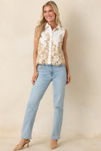 Women's Kiss Me in Champagne Ivory Cotton Lace Applique Sleeveless Top | 100% Cotton 6