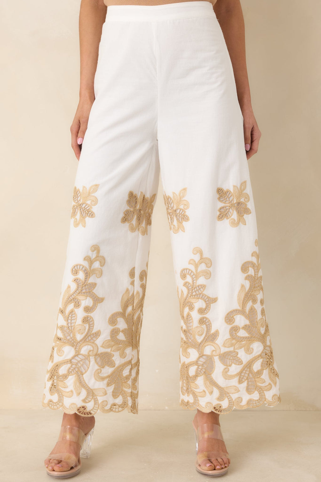 Women's Kiss Me in Champagne Ivory Cotton Lace Applique Wide Leg Pants | 100% Cotton 0
