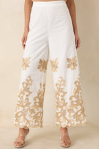 Women's Kiss Me in Champagne Ivory Cotton Lace Applique Wide Leg Pants | 100% Cotton 0