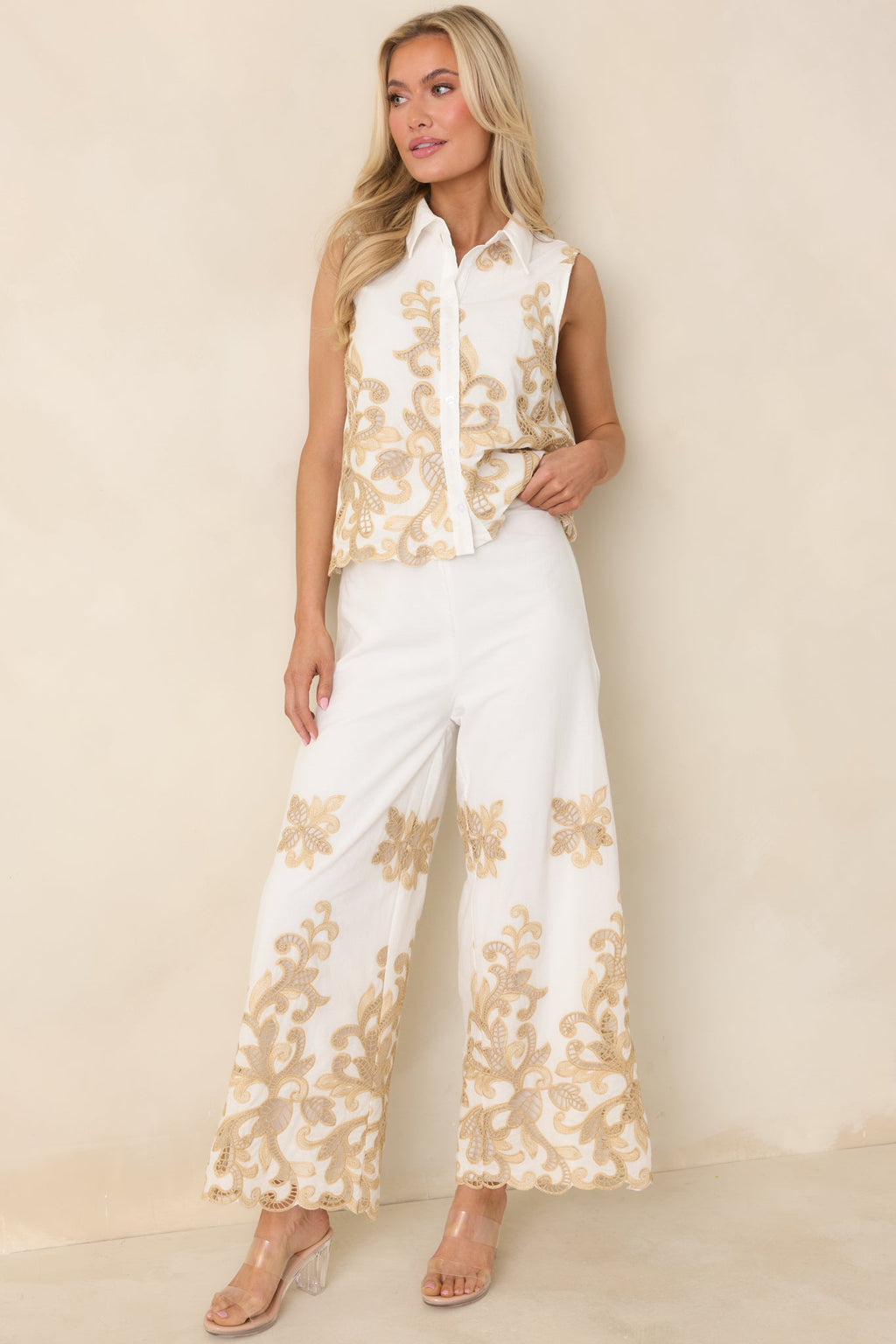 Women's Kiss Me in Champagne Ivory Cotton Lace Applique Wide Leg Pants | 100% Cotton 2