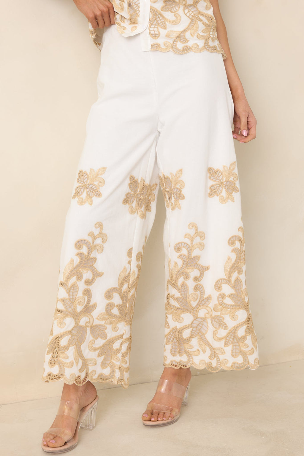 Women's Kiss Me in Champagne Ivory Cotton Lace Applique Wide Leg Pants | 100% Cotton 3