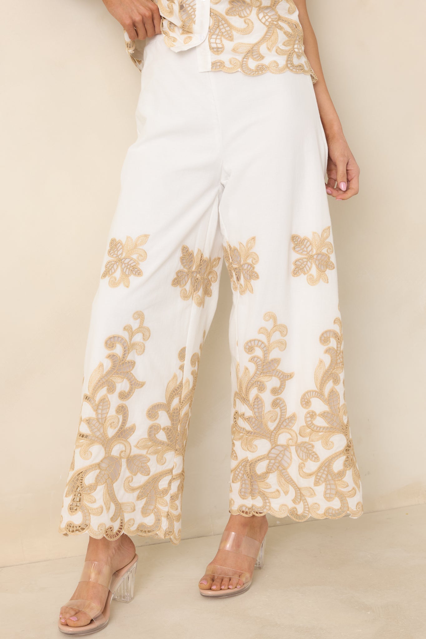 Women's Kiss Me in Champagne Ivory Cotton Lace Applique Wide Leg Pants | 100% Cotton 3