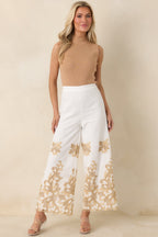 Women's Kiss Me in Champagne Ivory Cotton Lace Applique Wide Leg Pants | 100% Cotton 4