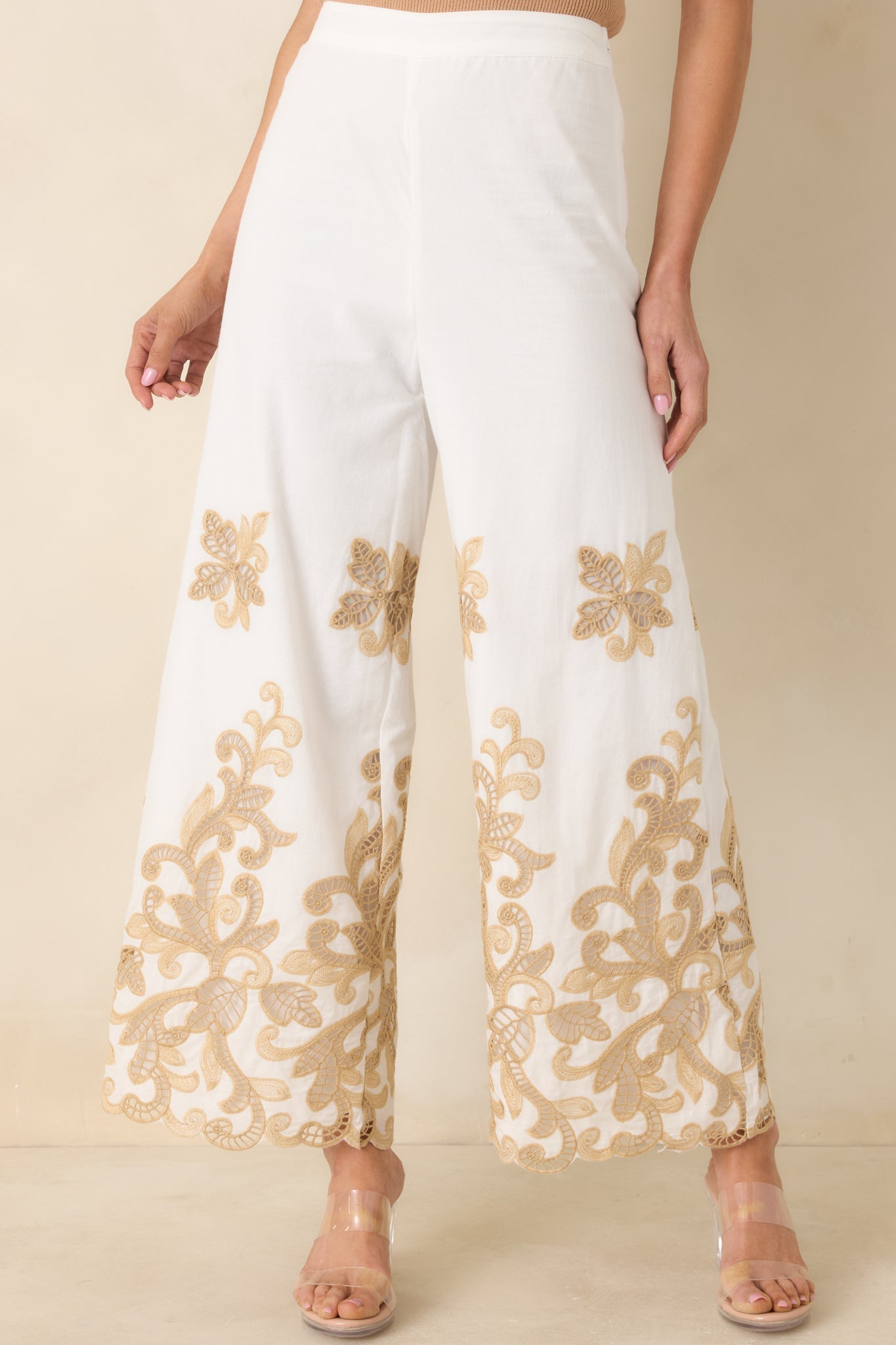 Women's Kiss Me in Champagne Ivory Cotton Lace Applique Wide Leg Pants | 100% Cotton 6