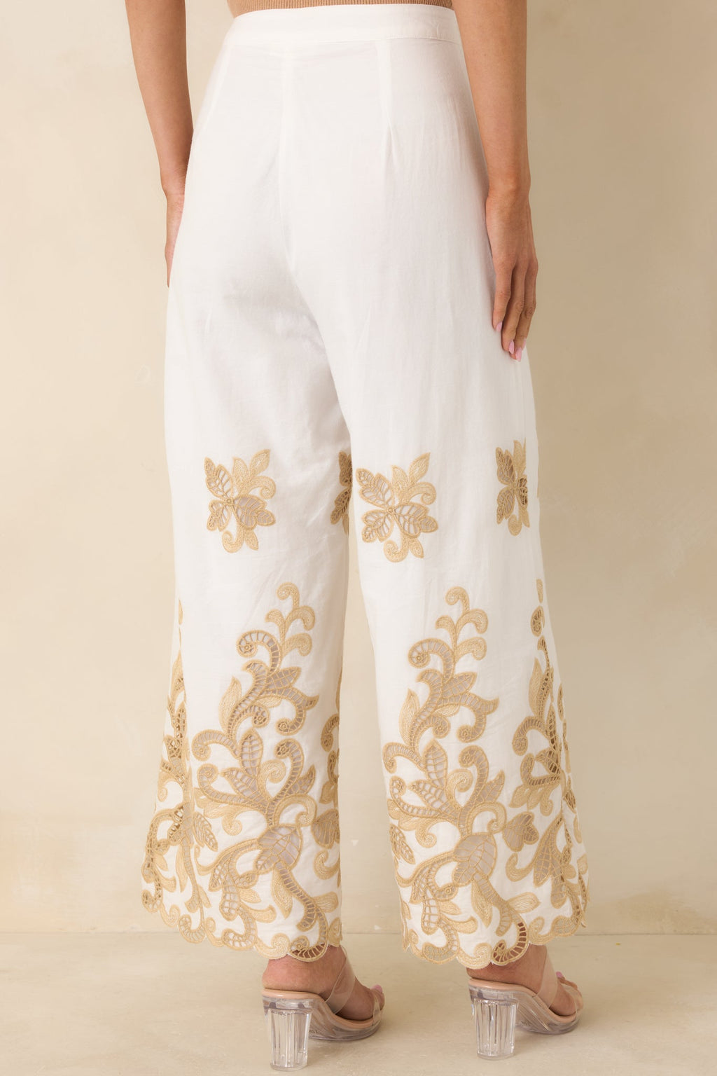 Women's Kiss Me in Champagne Ivory Cotton Lace Applique Wide Leg Pants | 100% Cotton 7