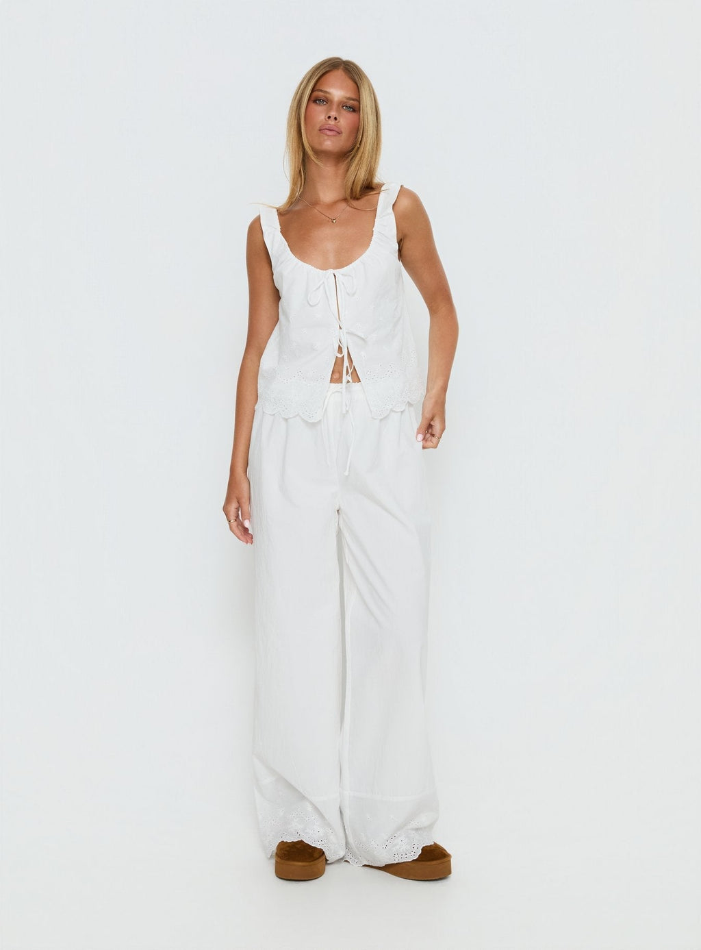 Women's Kissed Chaos Broderie Anglais Tie Waist Pants White | Tie-waist pants in broderie anglaise print 2