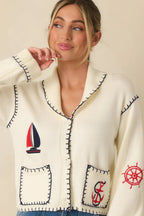 Women's Knot Your Average Ivory Multi Knit Contrast Stitch Cardigan Sweater | 72% Polyester & 28% Nylon 1