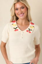 Women's La Dolce Vita Ivory Embroidered Fruit Collar Sweater | 60% Cotton & 40% Acrylic 2