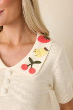 Women's La Dolce Vita Ivory Embroidered Fruit Collar Sweater | 60% Cotton & 40% Acrylic 3