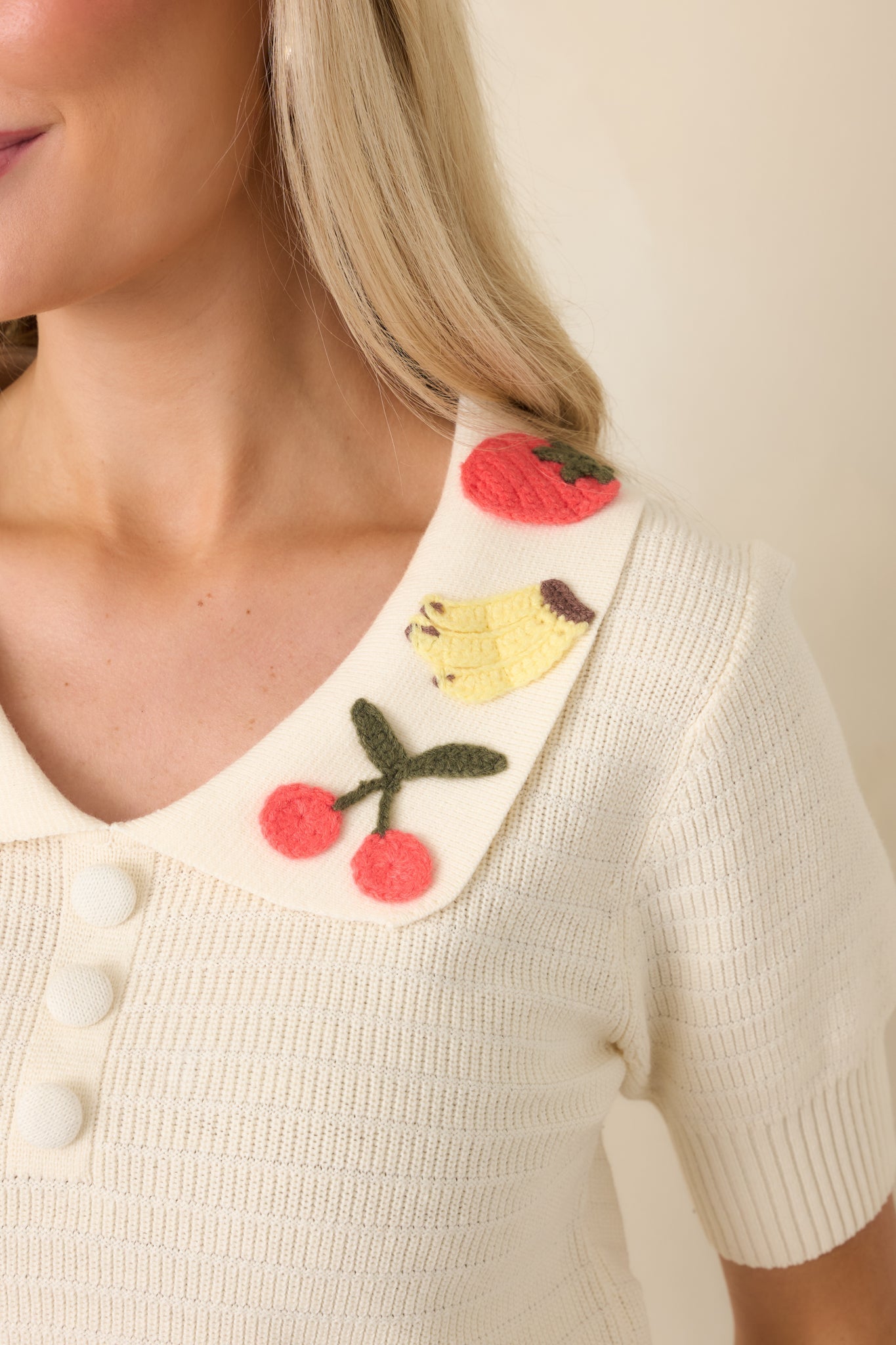 Women's La Dolce Vita Ivory Embroidered Fruit Collar Sweater | 60% Cotton & 40% Acrylic 3