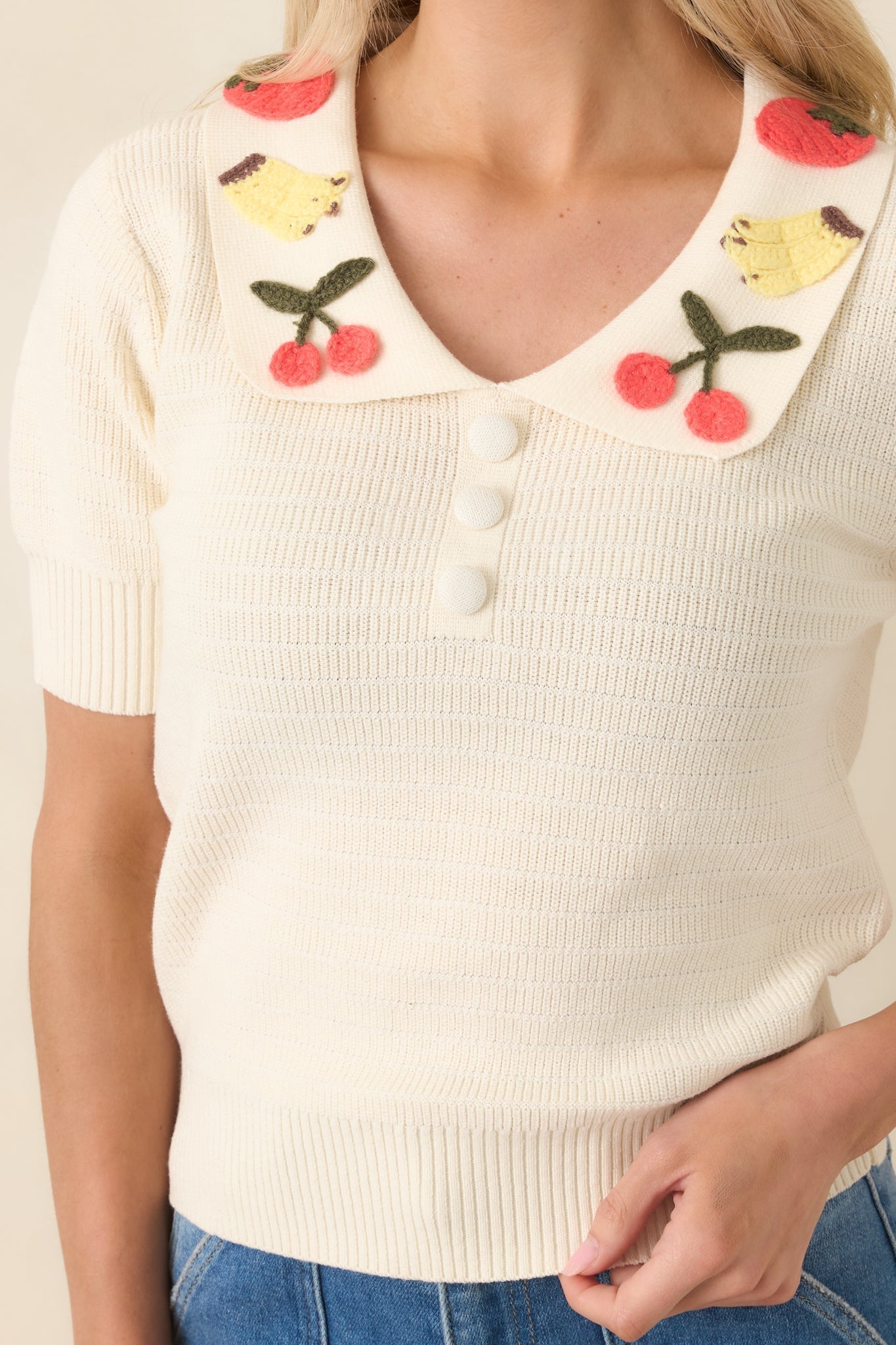Women's La Dolce Vita Ivory Embroidered Fruit Collar Sweater | 60% Cotton & 40% Acrylic 4
