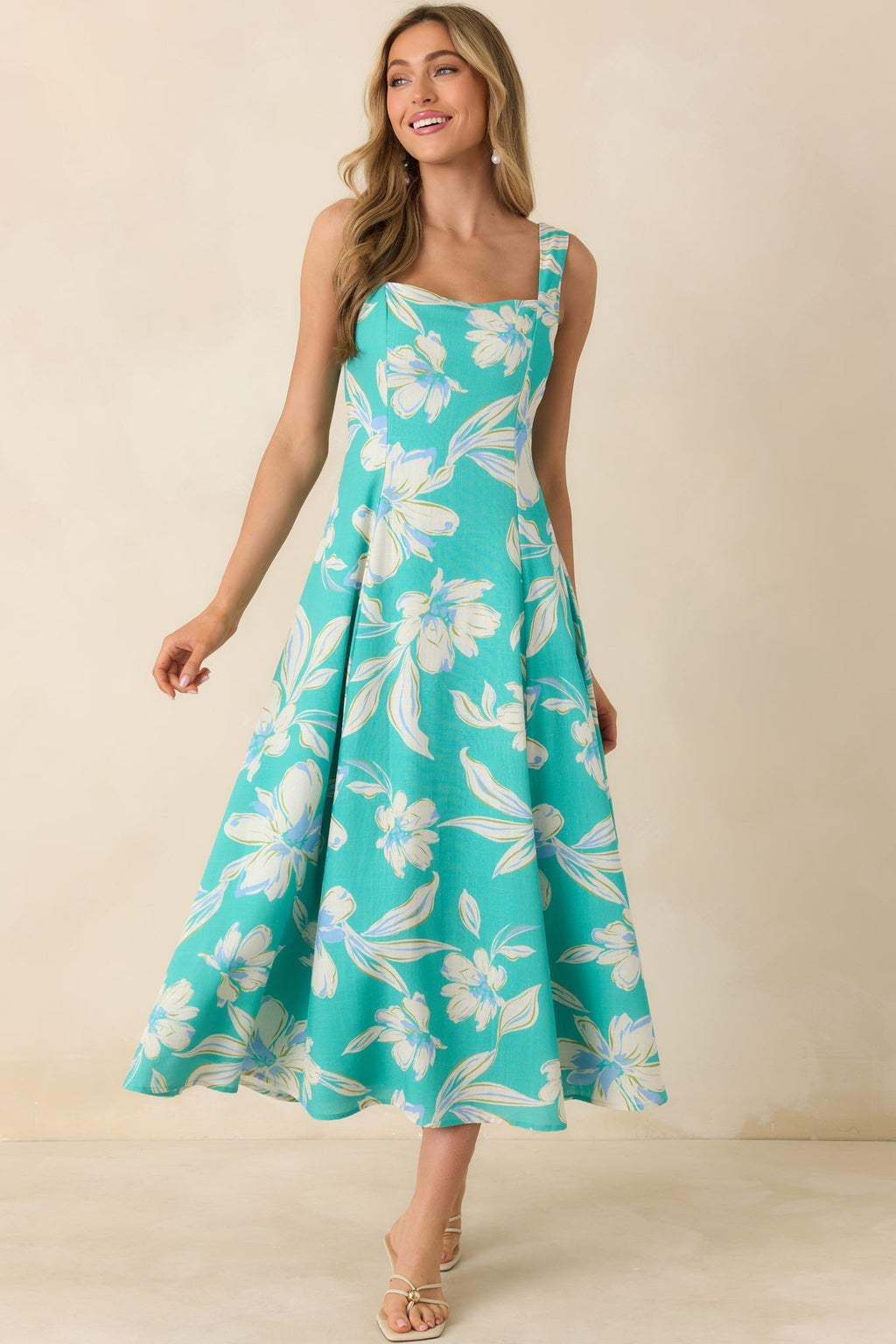 Women's Laguna Bloom Turquoise Multi Floral Sleeveless Midi Dress | 70% Rayon & 30% Linen 3