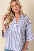 Women's Leading Lines Blue Stripe Collared V-Neck Blouse | 75% Cotton & 25% Polyester 4