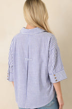 Women's Leading Lines Blue Stripe Collared V-Neck Blouse | 75% Cotton & 25% Polyester 7