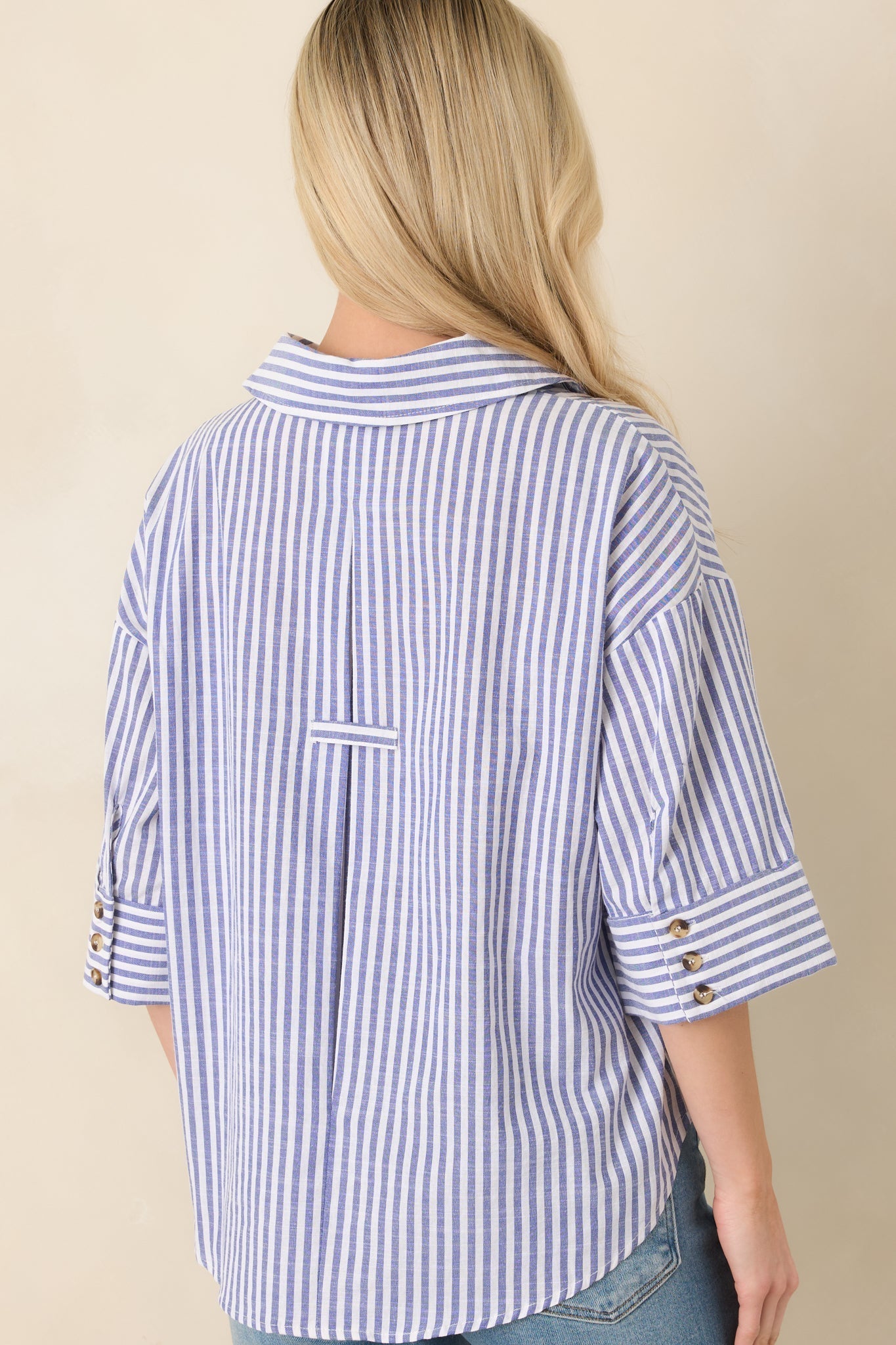Women's Leading Lines Blue Stripe Collared V-Neck Blouse | 75% Cotton & 25% Polyester 7