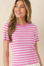 Women's Let's Catch Up Orchid Pink Stripe Short Sleeve Top | 72% Viscose & 28% Nylon 1