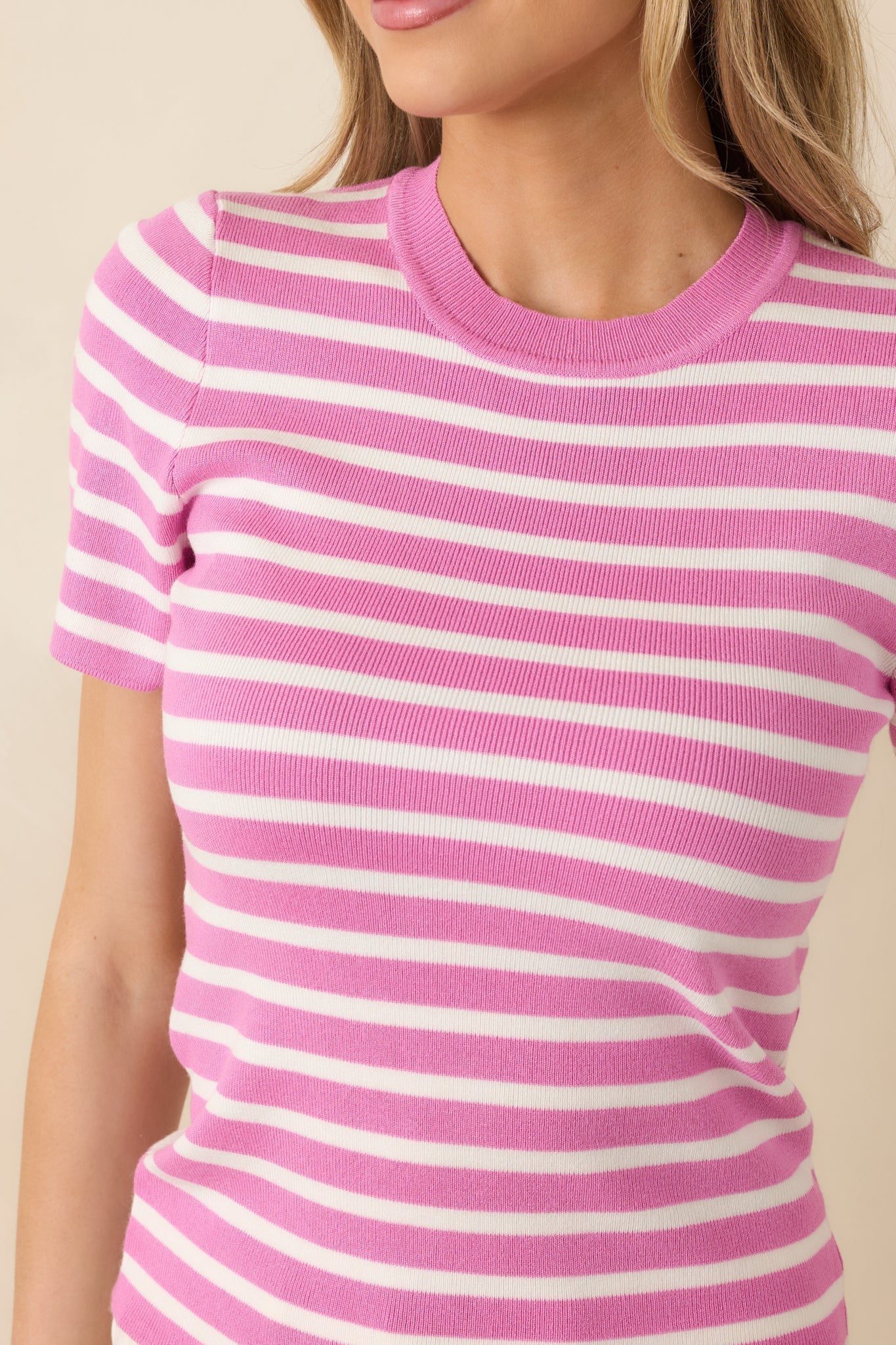 Women's Let's Catch Up Orchid Pink Stripe Short Sleeve Top | 72% Viscose & 28% Nylon 2
