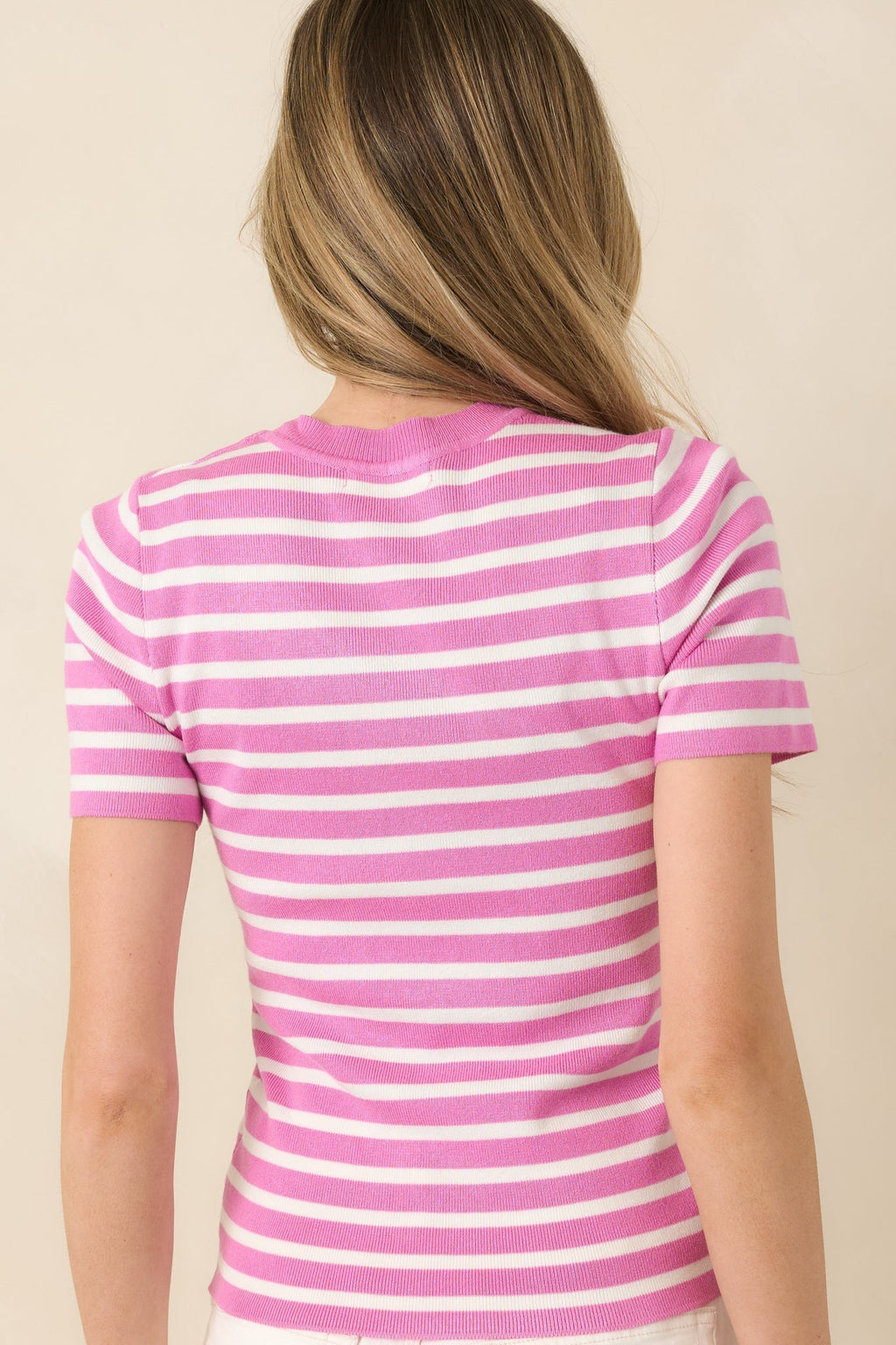 Women's Let's Catch Up Orchid Pink Stripe Short Sleeve Top | 72% Viscose & 28% Nylon 5