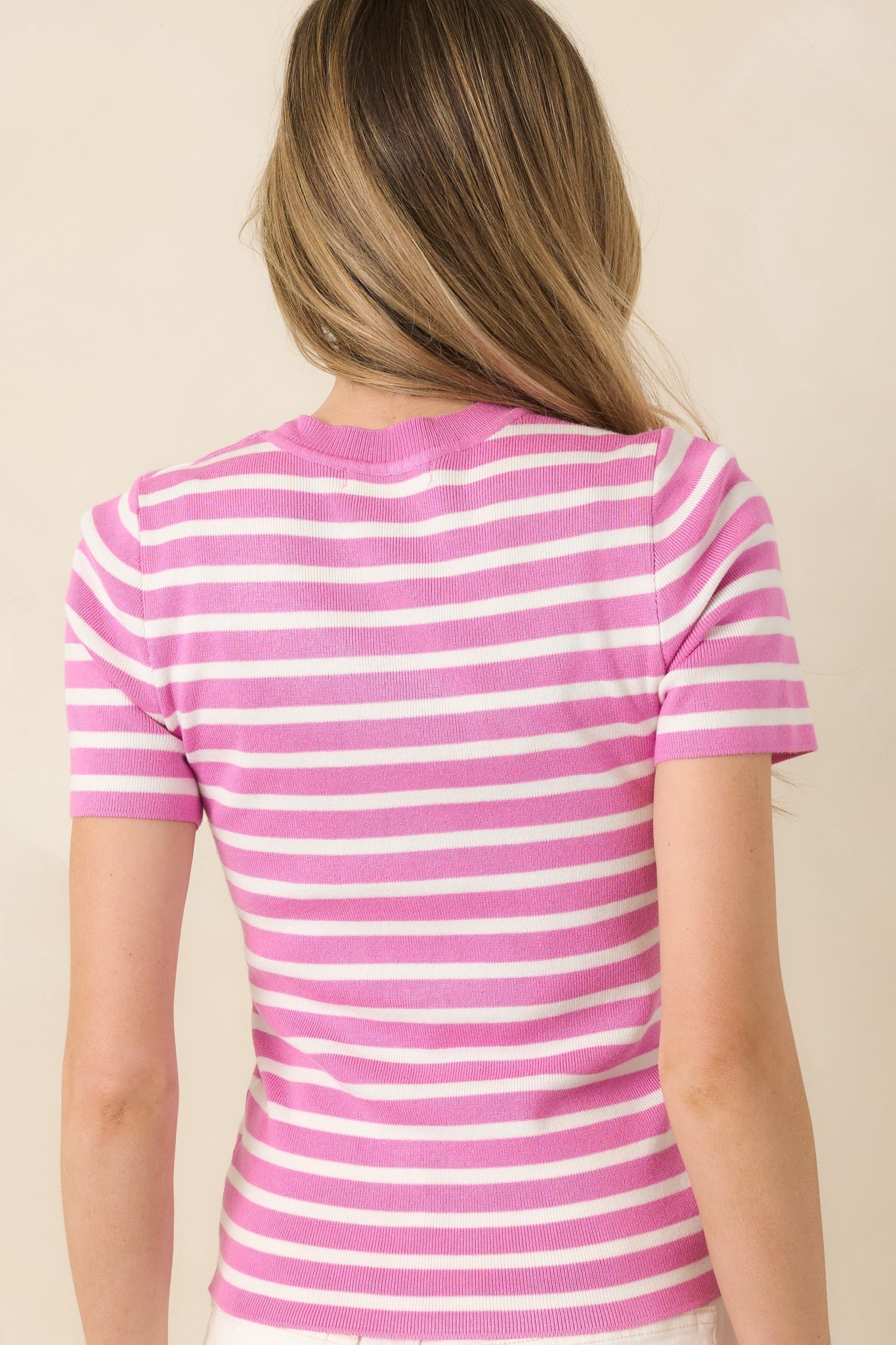Women's Let's Catch Up Orchid Pink Stripe Short Sleeve Top | 72% Viscose & 28% Nylon 5