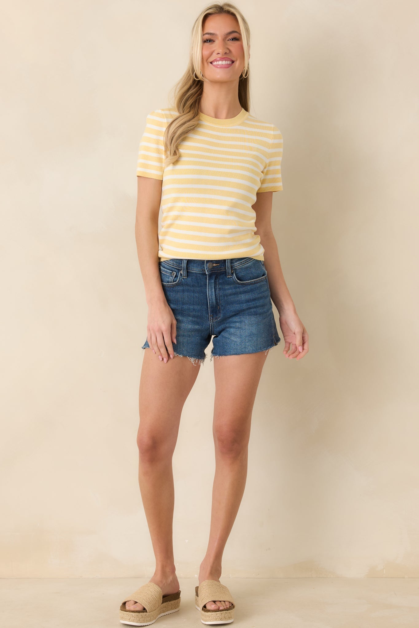 Women's Let's Catch Up Yellow Stripe Short Sleeve Top | 72% Viscose & 28% Nylon 0