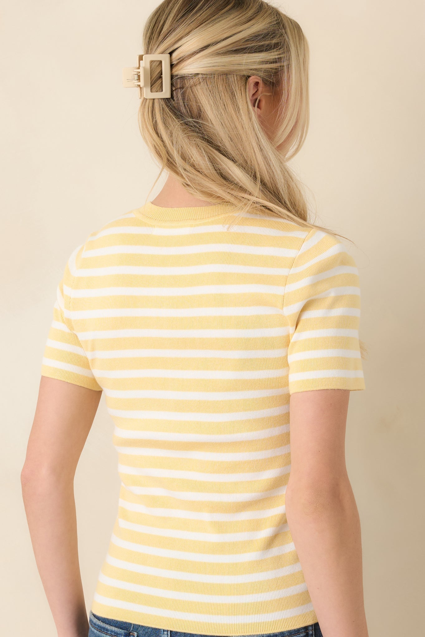 Women's Let's Catch Up Yellow Stripe Short Sleeve Top | 72% Viscose & 28% Nylon 7