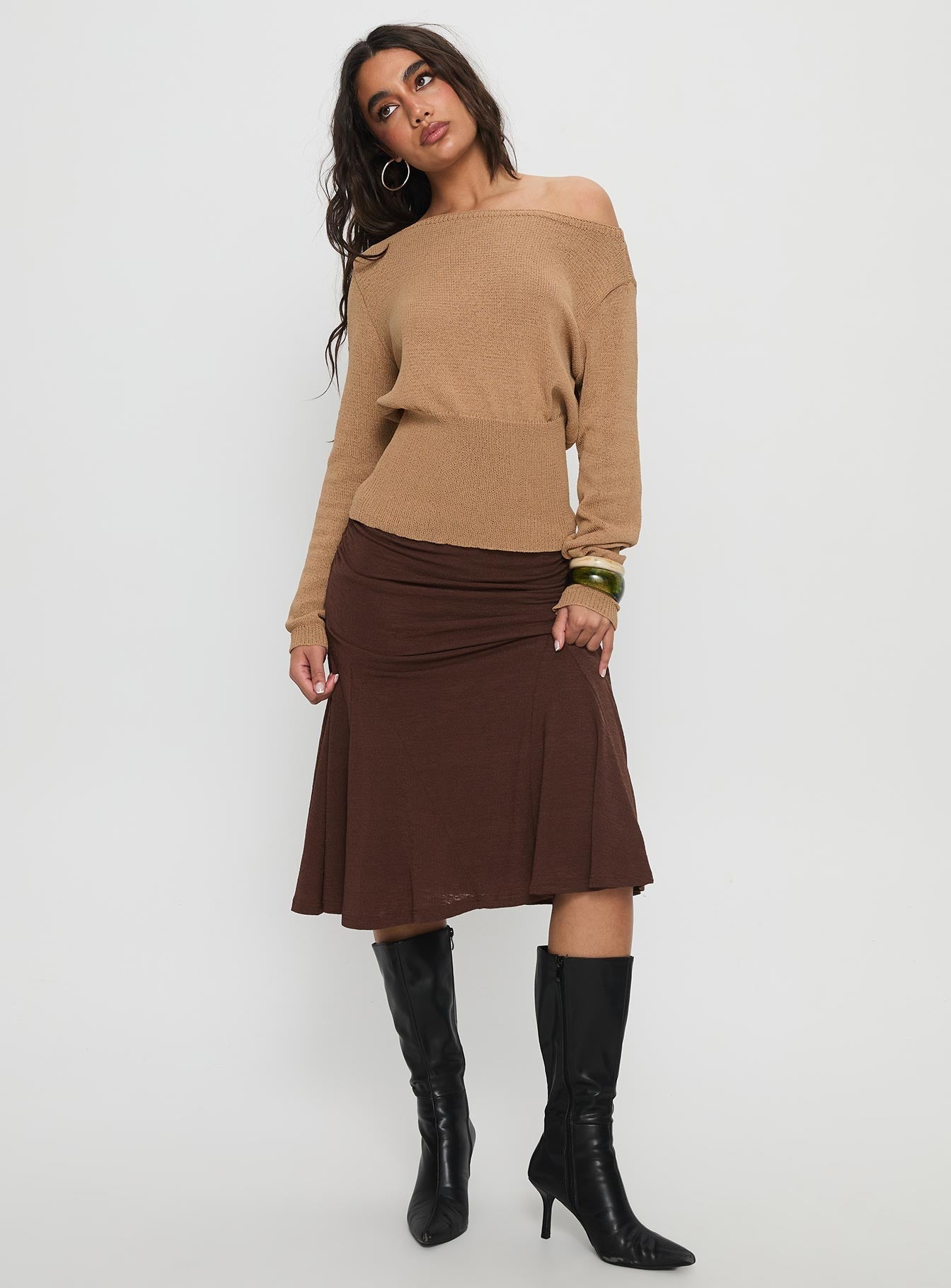 Women's Lewish Low Rise Midi Skirt Chocolate | Low-rise midi skirt 1