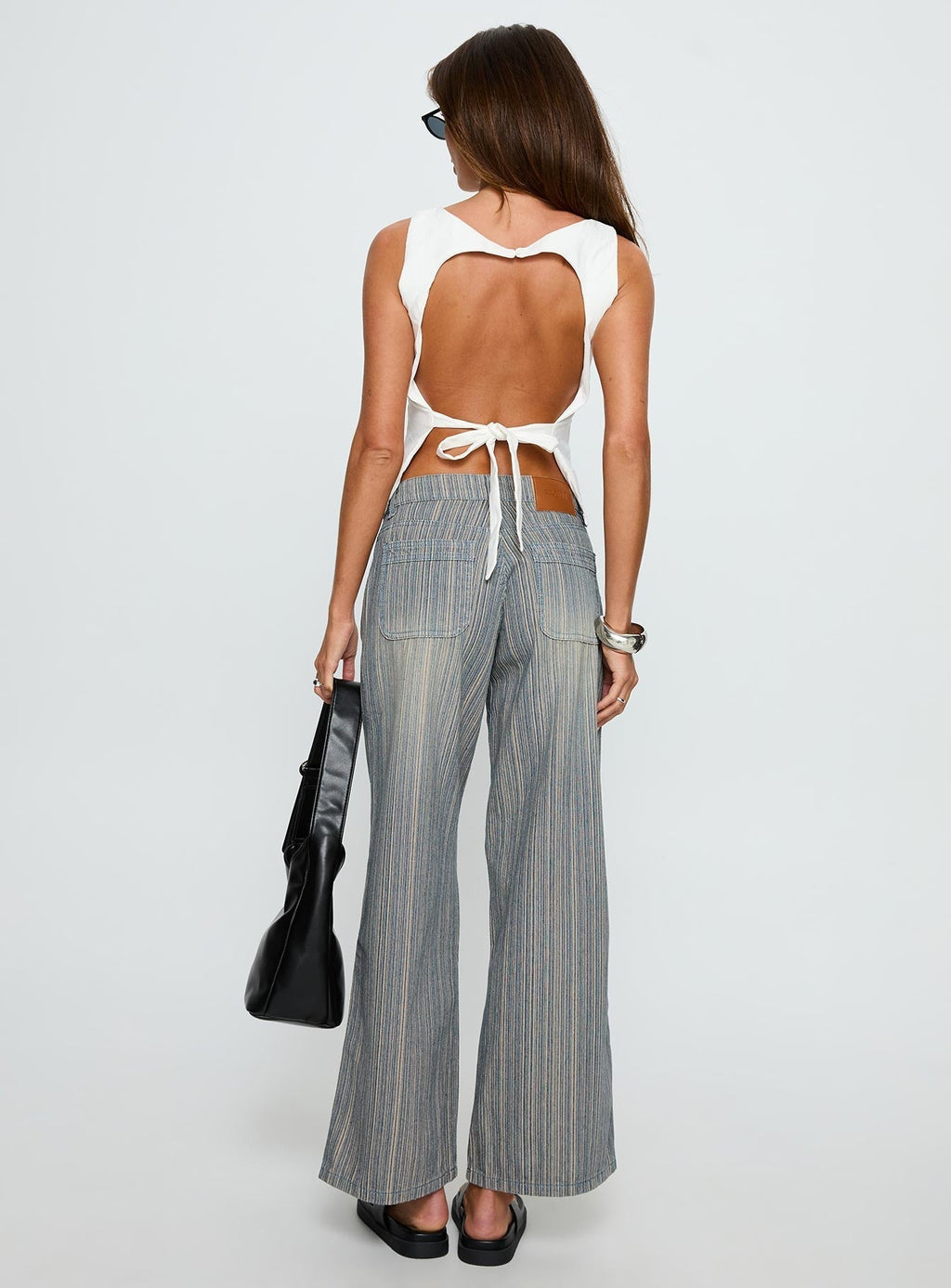Women's Lifetimes Mid Rise Wide Leg Cargo Jeans Dark Blue Stripe | Denim jeans in a stripe print with cargo-style 3