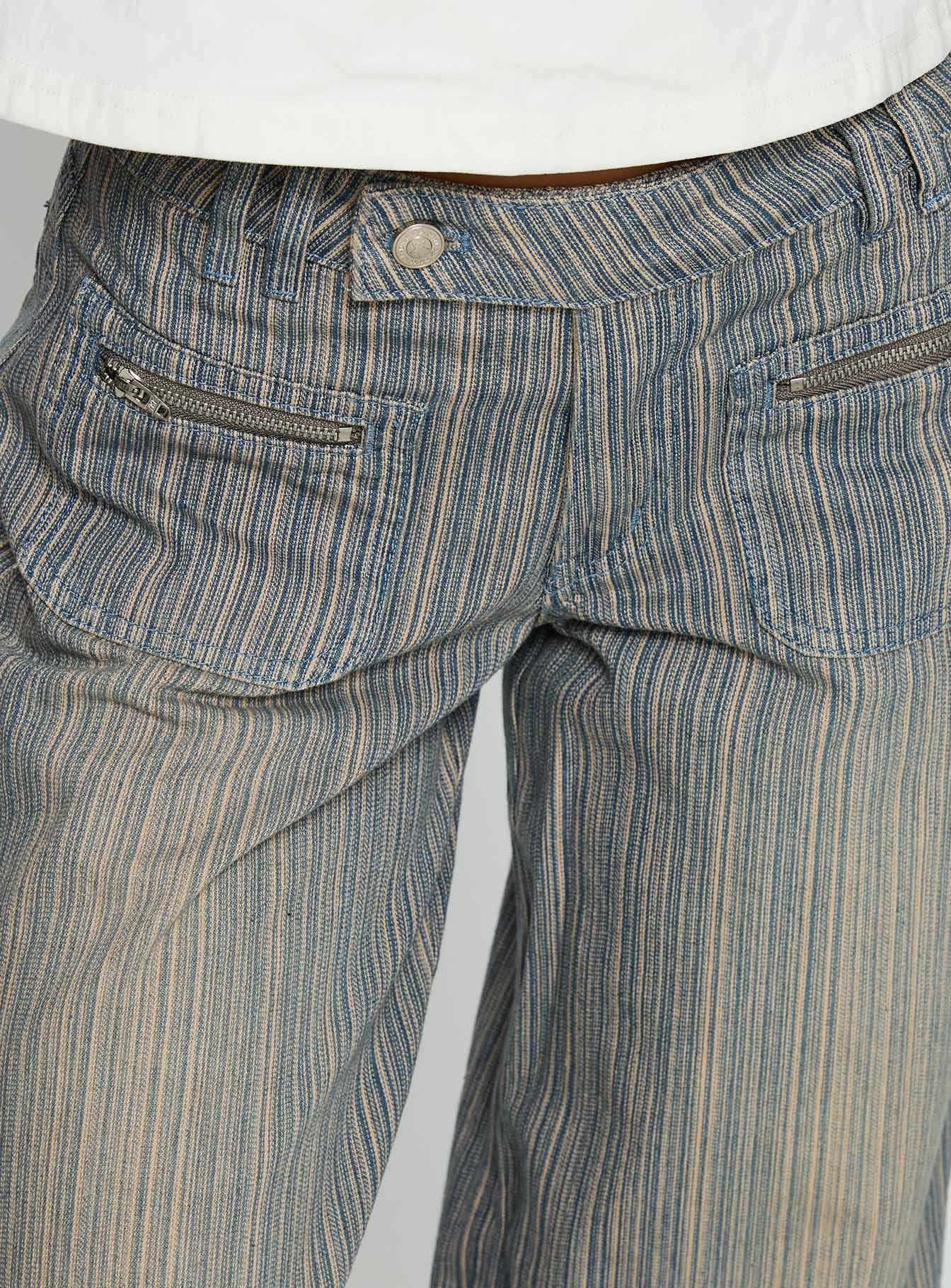 Women's Lifetimes Mid Rise Wide Leg Cargo Jeans Dark Blue Stripe | Denim jeans in a stripe print with cargo-style 4
