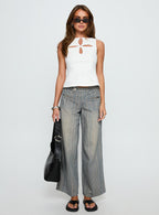 Women's Lifetimes Mid Rise Wide Leg Cargo Jeans Dark Blue Stripe | Denim jeans in a stripe print with cargo-style 5