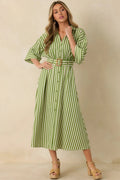 Women's Lighthearted Days Green Stripe Belted Button Front Maxi Shirt Dress | 40% Linen 0