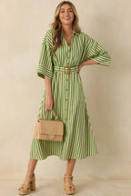 Women's Lighthearted Days Green Stripe Belted Button Front Maxi Shirt Dress | 40% Linen 2