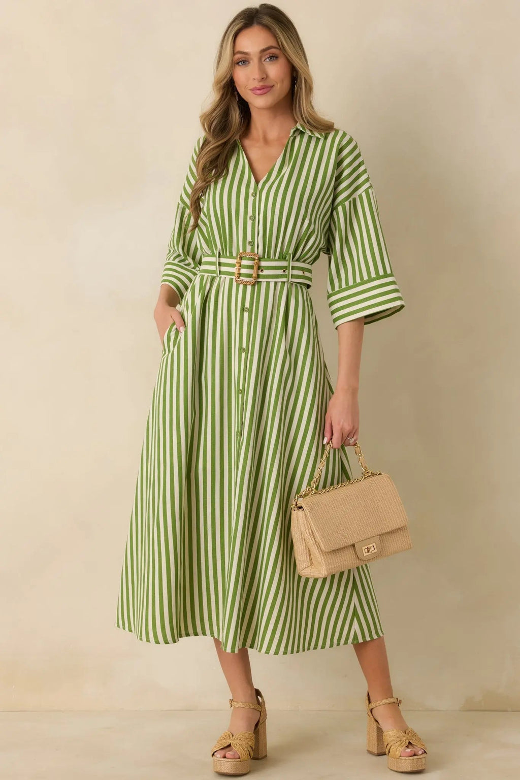 Women's Lighthearted Days Green Stripe Belted Button Front Maxi Shirt Dress | 40% Linen 3
