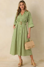 Women's Lighthearted Days Green Stripe Belted Button Front Maxi Shirt Dress | 40% Linen 3