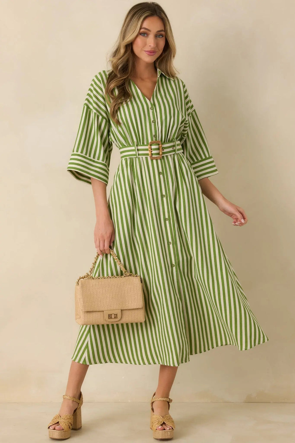 Women's Lighthearted Days Green Stripe Belted Button Front Maxi Shirt Dress | 40% Linen 4