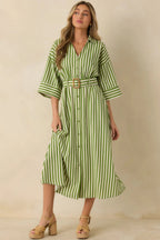 Women's Lighthearted Days Green Stripe Belted Button Front Maxi Shirt Dress | 40% Linen 5