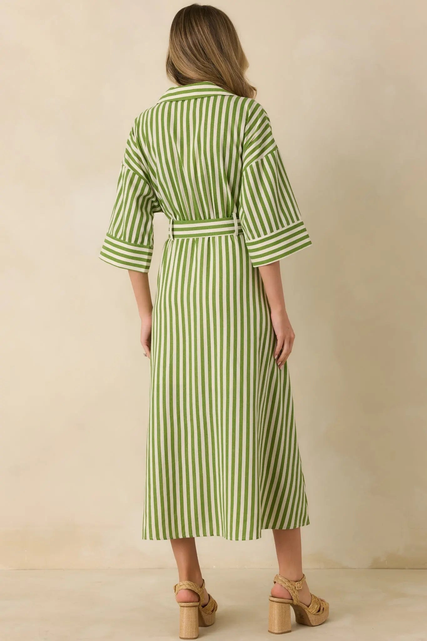 Women's Lighthearted Days Green Stripe Belted Button Front Maxi Shirt Dress | 40% Linen 6