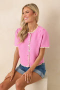 Women's Like a Dream Pink Knit Lace Trim Button Front Top | 100% Viscose 0
