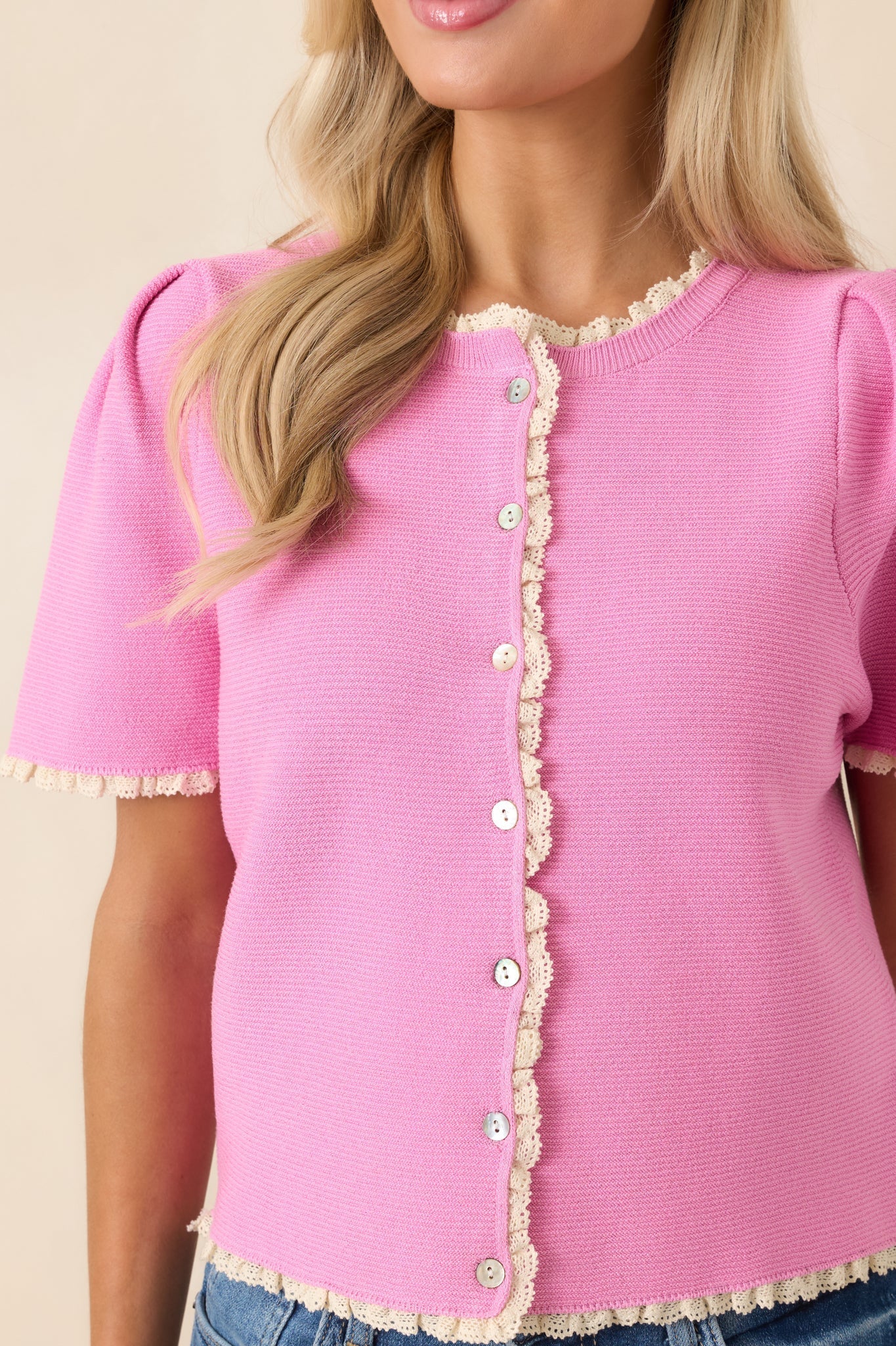 Women's Like a Dream Pink Knit Lace Trim Button Front Top | 100% Viscose 1