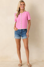 Women's Like a Dream Pink Knit Lace Trim Button Front Top | 100% Viscose 3