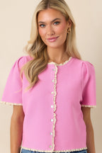 Women's Like a Dream Pink Knit Lace Trim Button Front Top | 100% Viscose 5
