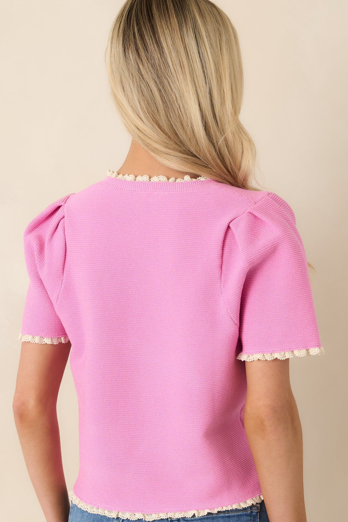 Women's Like a Dream Pink Knit Lace Trim Button Front Top | 100% Viscose 7