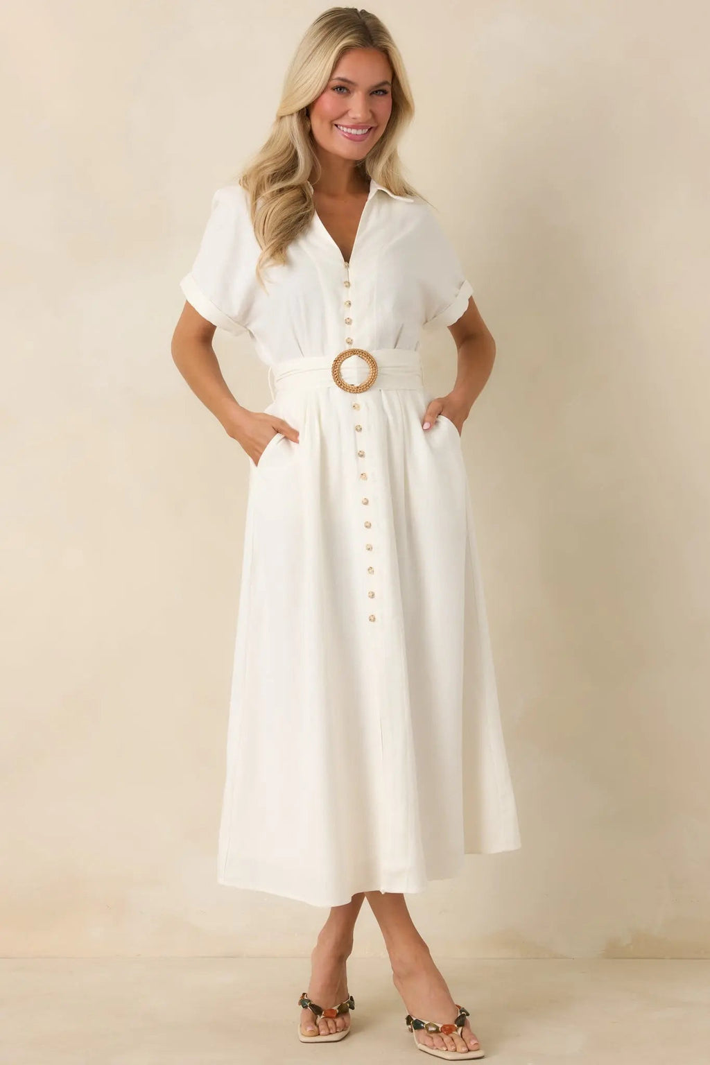 Women's Lily Glow Ivory Button Front Belted Maxi Dress | 70% Linen 3
