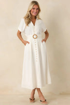 Women's Lily Glow Ivory Button Front Belted Maxi Dress | 70% Linen 3